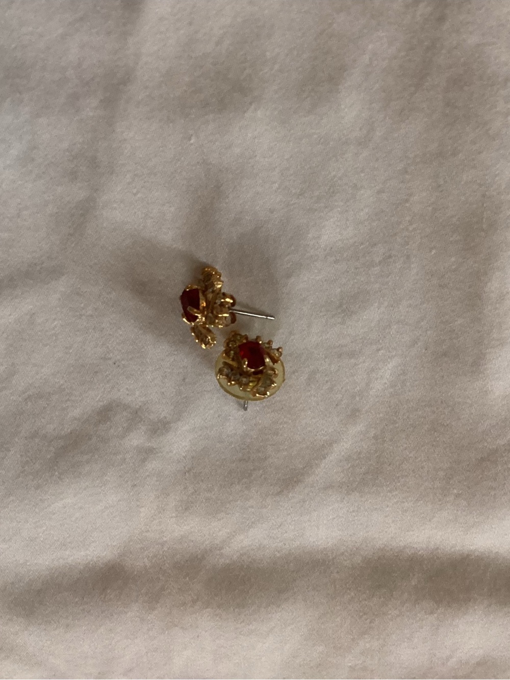 Gold-Tone Red Stone Floral Stud Earrings